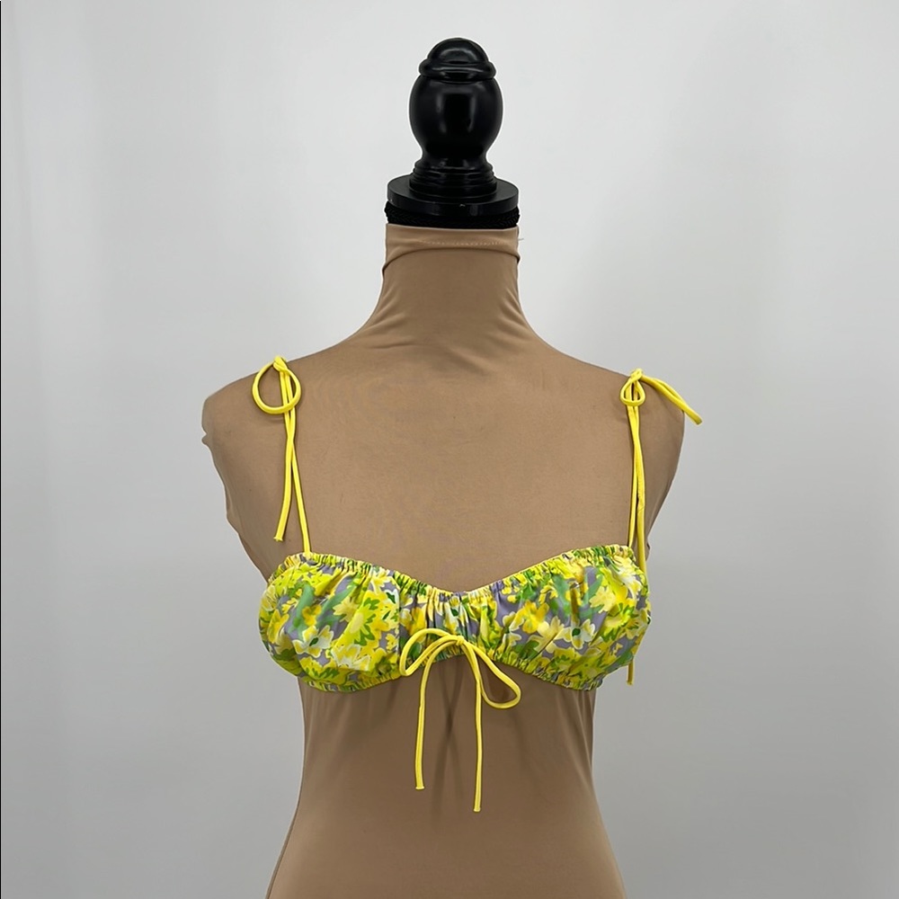 Yellow scrunched floral print adjustable tie Swim suit Top sz L